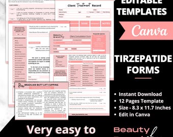 Formularios de Tirze-Peptide, paquete de formularios de consentimiento para inyecciones para bajar de peso, formularios de admisión de clientes de Tirze-Peptide, formularios de inyección de Tirze-Peptide compuesto