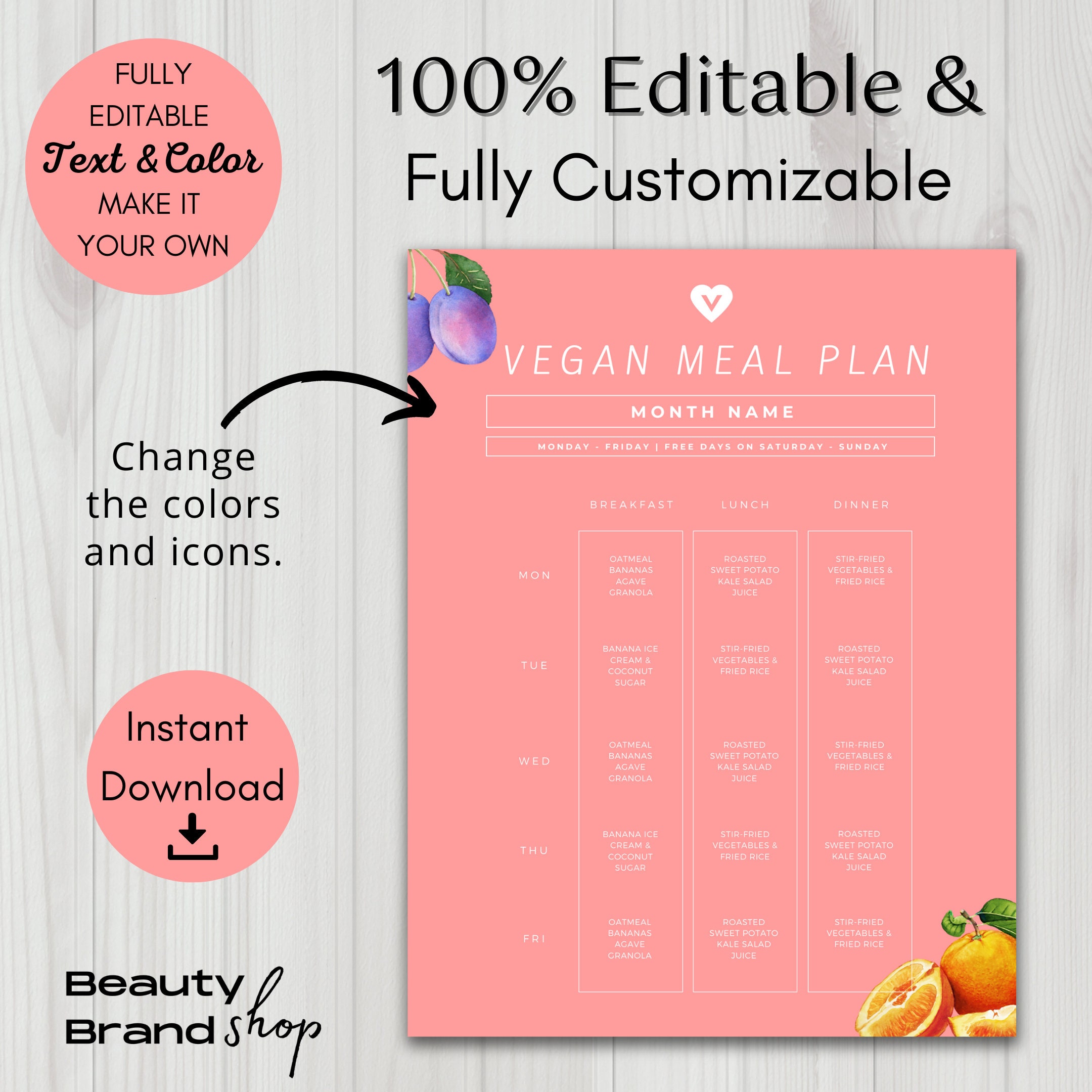 5 Day Vegan Meal Planner, Editable Meal Planner, Printable Vegan Meal ...