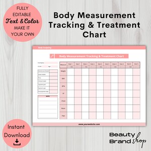 May include: A printable body measurement tracking and treatment chart with pink and white color scheme. The chart includes sections for full name, date of birth, age, sessions purchased, areas treated, price, amount owed, payment plan, payment type, final payment date, and a note section. The chart also includes a table for tracking measurements such as weight, BMI, body fat percentage, waist, hips, and chest. The chart is designed for use with multiple visits.