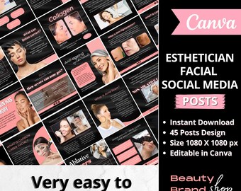 Publicaciones en redes sociales sobre tratamientos faciales de esteticistas, cuidado de la piel de esteticistas, plantillas de Instagram, paquete de publicaciones en redes sociales, marketing comercial listo para publicar