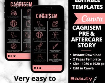May include: Editable Canva template for a pre and aftercare story about the medication Cagrise. The template is black with pink text and icons. The template is 1080 x 1920 pixels and includes information about managing blood sugar, weight, and other health concerns.