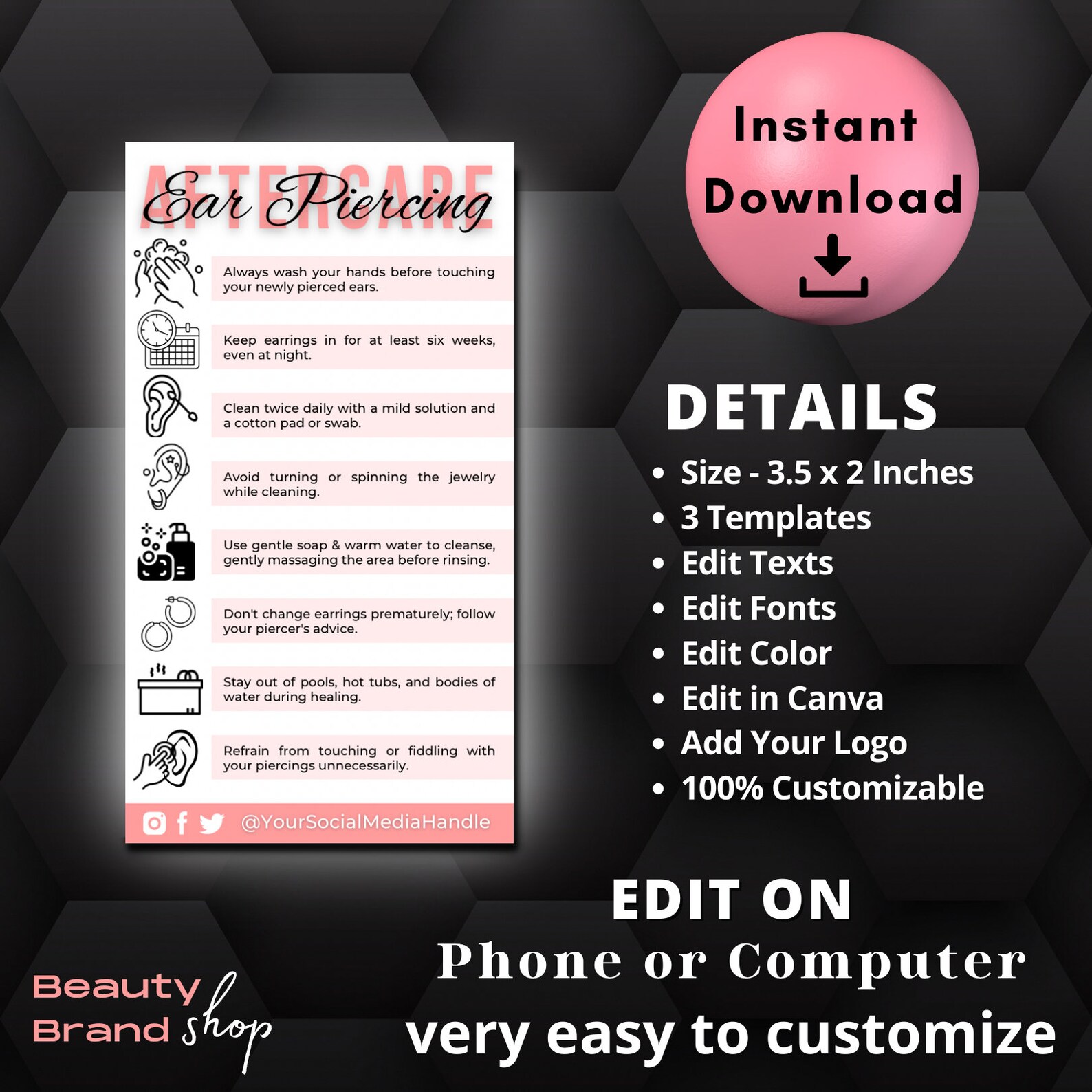 Ear Piercing Aftercare Template, Editable Piercing Guide Card, Piercing ...
