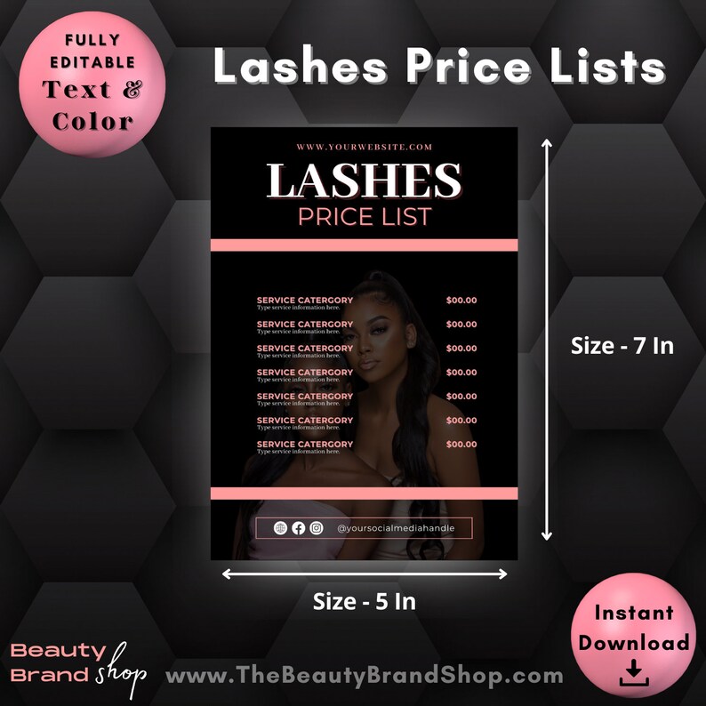 May include: A pink and black printable price list template for lash services. The template features a black background with pink text and a photo of a woman with long lashes. The text includes the words "LASHES PRICE LIST" and "SERVICE CATEGORY". The template is 17.8 cm tall and 12.7 cm wide.