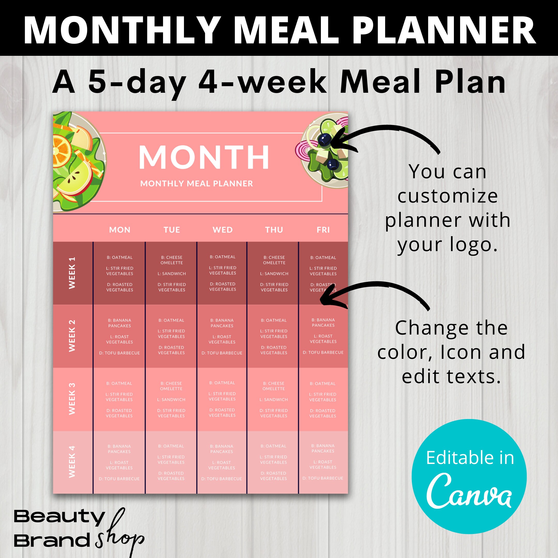 Editable Monthly Meal Planner, Printable 4 Week Meal Planner, Digital ...