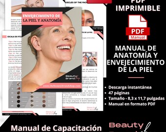 Handleiding huidveroudering en anatomie - SPAANSE versie, hulpmiddel voor schoonheidstraining, handleiding huidanatomie, pdf-handleiding huidanalyse en huidverzorging antiveroudering