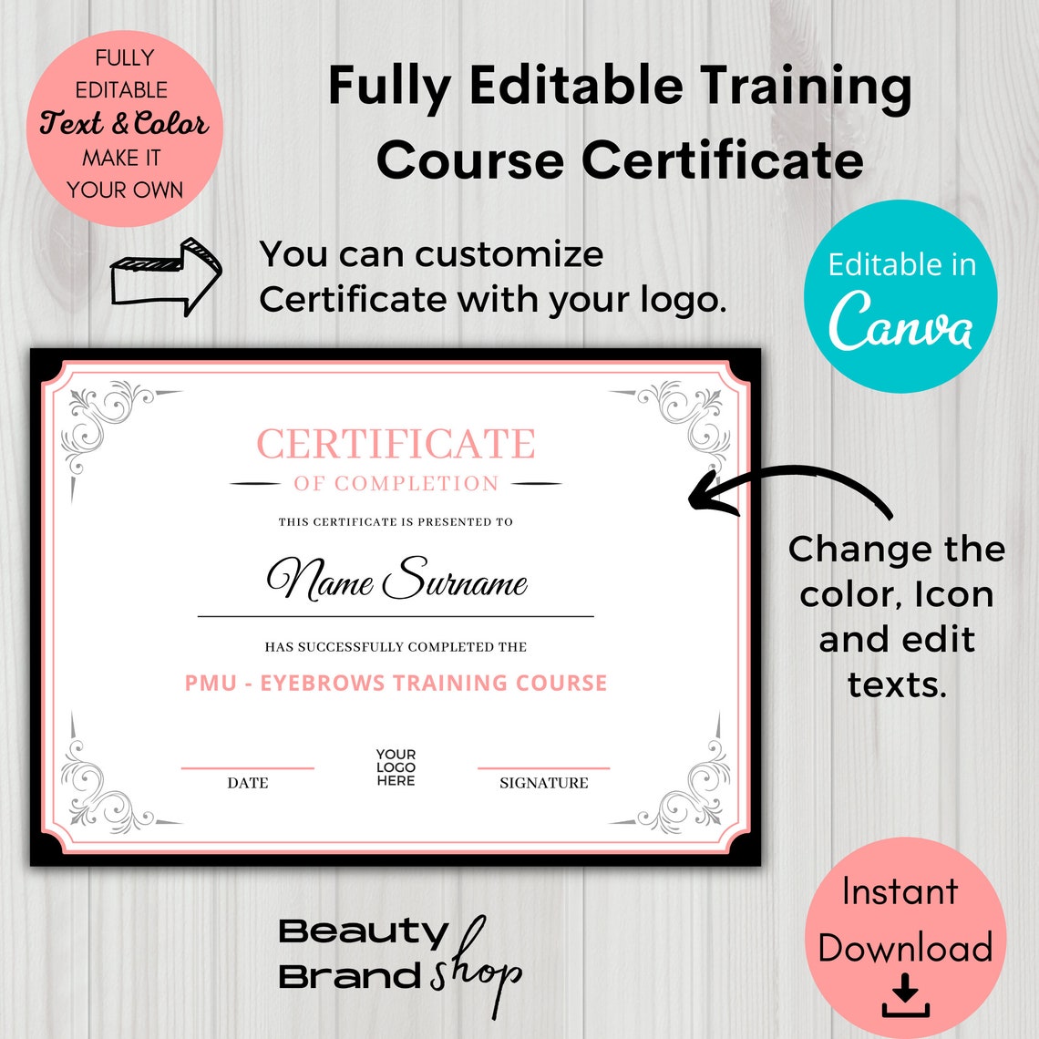 Editable Certificate Template, Stylish Certificate, Pink Course Award ...