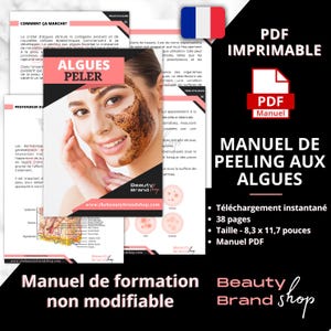 May include: A pink and black digital download product cover for a guide to seaweed peeling. The cover features a woman with a brown seaweed mask on her face. The title of the guide is "Algues Peler" and the text "Manuel de formation non modifiable" is at the bottom of the cover.