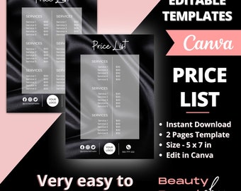 May include: Editable Canva template for a beauty brand price list. The template features a black and white design with a silky texture and the text "Price List" in a white font. The template includes two pages and is 5 x 7 inches.