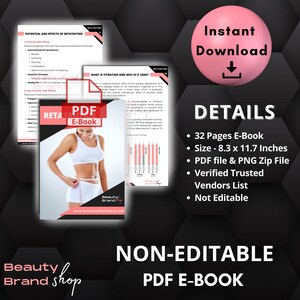 May include: A pink and black digital download e-book cover with the title "Retatrutide PDF E-Book" and a woman measuring her waist with a tape measure. The e-book is 32 pages and measures 8.3 x 11.7 inches. It includes a PDF file and PNG zip file, a verified trusted vendors list, and is not editable.