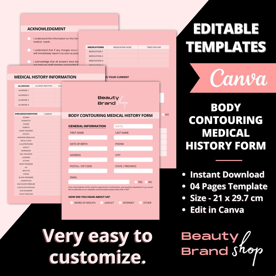 Body Contouring Medical History Form, Editable Body Contouring Consent ...