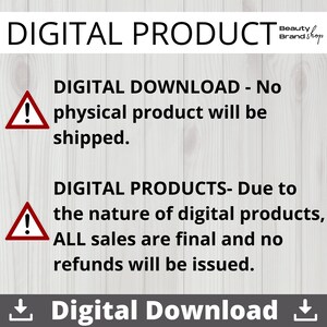 Op de afbeelding: Een waarschuwingsbord voor een digitaal product met een rood uitroepteken. De tekst luidt "DIGITAAL DOWNLOAD - Er wordt geen fysiek product verzonden. DIGITALE PRODUCTEN - Vanwege de aard van digitale producten zijn ALLE verkopen definitief en worden er geen restituties verleend. Digitaal downloaden"
