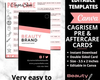 May include: Editable Canva templates for pre and aftercare cards. The cards are pink and black with the text "Cagri Sem" and "Beauty Brand" in a bold font. The cards are 3.5 inches by 2 inches and are double-sided.