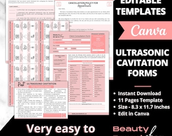 May include: Editable templates for ultrasonic cavitation forms in pink and black. The templates include a client consent form, cancellation policy, and client consultation form. The text "Very easy to customize" is displayed below the forms. The text "Beauty Brand Shop" is displayed in the bottom right corner of the image.