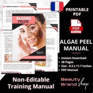 May include: Printable PDF manual for an algae peel treatment. The manual is 8.3 by 11.7 inches and has 38 pages. The cover features a woman with a brown algae mask on her face. The text "Algae Peel Manual" is in pink and white letters on a black background.