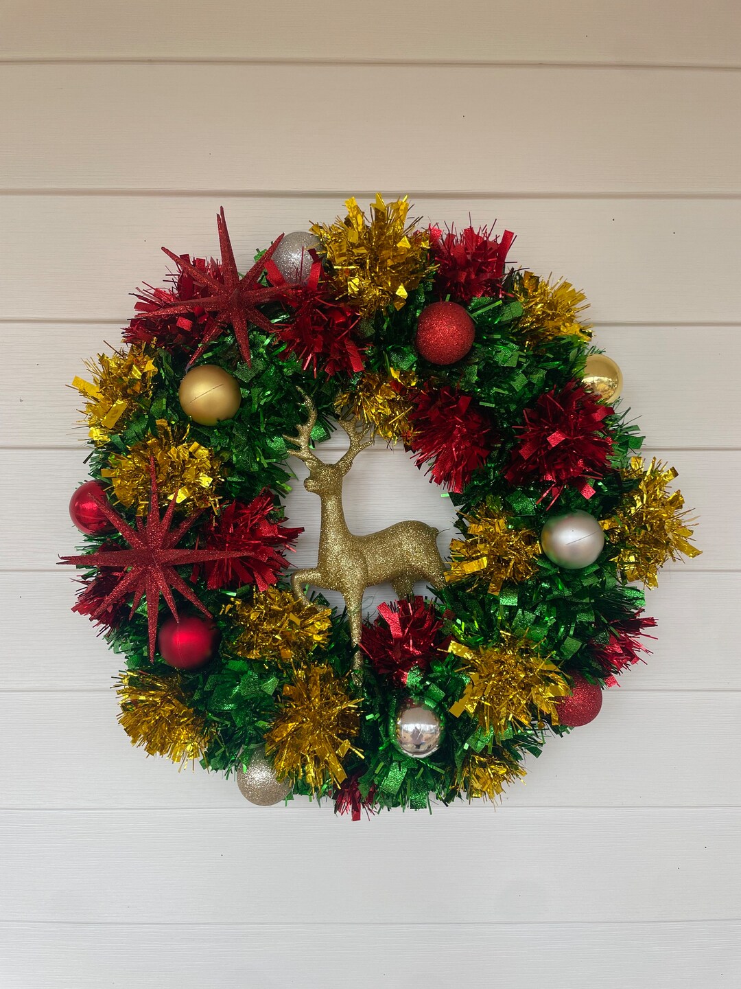 Christmas Tinsel Kitschy Deer Wreath Etsy