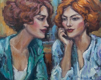 Origineel schilderij van vrouwen, straatcaféscène - cadeau voor vriend, olieverf op canvas