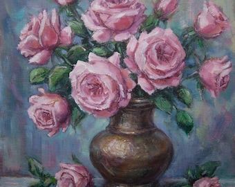 ピンクのバラの油絵 オリジナルの花瓶に入った花の絵画 クラシックな壁