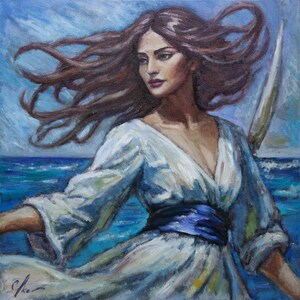 Pintura al óleo original: Mujer junto al mar - Arte costero marino