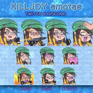Könnte beinhalten: Ein Satz von acht animierten Emojis mit einer Comicfigur mit grünen Haaren, die einen grünen Hut und eine Brille trägt. Die Emojis sind in verschiedenen Posen und Ausdrücken, darunter Lächeln, Zwinkern und das Halten einer Waffe. Der Text "KILLJOY emotes" und "TWITCH & DISCORD" befindet sich oben im Bild. Die Emojis sind in einem 3x3-Raster angeordnet, mit dem Text "28x28", "56x56" und "112x112" am unteren Rand des Bildes.