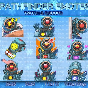 May include: A set of nine digital emotes featuring a blue robot character with different expressions. The emotes are in various sizes, including 28x28, 56x56, 112x112, and 1000x1000 pixels. The emotes are designed for use on Twitch and Discord.
