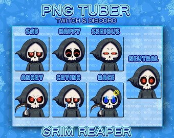 PNGTuber estilo Grim Reaper con 7 expresiones, PNG Tuber listo para transmitir en Twitch