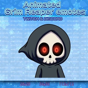 May include: Animated Grim Reaper emotes for Twitch and Discord. The emote is a cartoon Grim Reaper with a black hooded robe, a white skull, and glowing red eyes. The emote is available in three sizes: 28x28, 56x56, and 112x112.