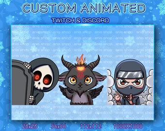 May include: Three animated characters, a grim reaper, a devil, and a ninja, are depicted in a cartoon style. The grim reaper is holding a tombstone, the devil has horns and a flaming halo, and the ninja is wearing a black mask and a blue outfit. The characters are set against a blue background with snowflakes.