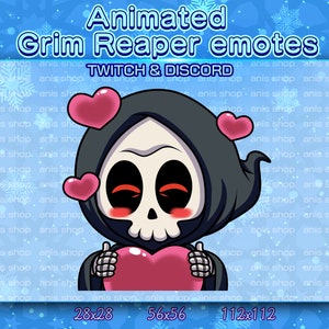 Puede incluir: Emoticono animado de la Parca con una túnica negra con capucha, una cara de calavera y mejillas rojas. La Parca sostiene un corazón rosa y tiene dos corazones rosas flotando sobre su cabeza. El texto "TWITCH & DISCORD" está en la parte superior de la imagen.