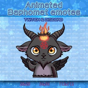 May include: Animated emotes featuring a cartoon Baphomet with horns, wings, and a pentagram on its forehead. The emotes are available for Twitch and Discord. The emotes are available in three sizes: 28x28, 56x56, and 112x112.