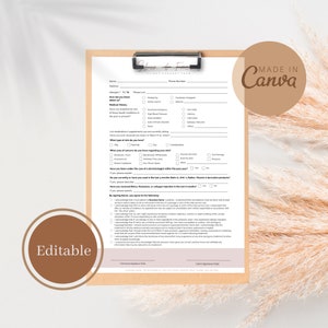 Puede incluir: Un formulario de consentimiento del cliente para un salón de belleza o spa. El formulario incluye secciones para alergias, historial médico, tipo de piel y una línea de firma para el cliente y el técnico. El formulario se titula "Formulario de consentimiento del cliente" y tiene las palabras "Made in Canva" en la esquina superior derecha.
