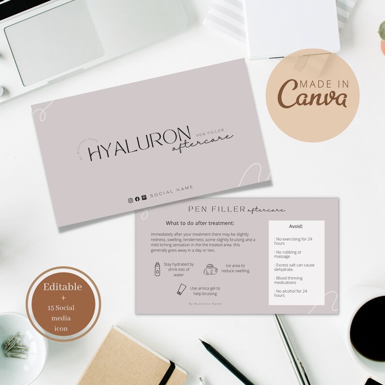 May include: A light grey and white printable social media graphic with the text "HYALURON aftercare" and "PEN FILLER aftercare". The graphic includes instructions for aftercare, such as staying hydrated, icing the area, and avoiding exercise and alcohol. The graphic also includes a social media icon set.