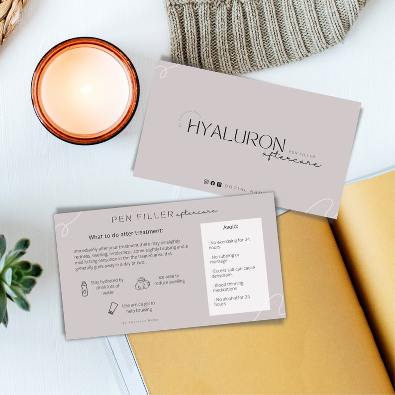 May include: Two cards with instructions for aftercare following a pen filler treatment. The top card is light grey with the text "HYALURON PEN FILLER aftercare" in black. The bottom card is light grey with the text "PEN FILLER aftercare" in black. The bottom card has a list of instructions for aftercare, including staying hydrated, using ice to reduce swelling, and using arnica gel to help bruising. The bottom card also has a list of things to avoid, including exercising, rubbing, excess salt, blood thinning medications, and alcohol.