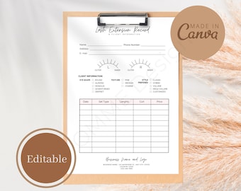 Eyelash Extension Client Record Card: Editable Boutique Form (Canva Template, Instant Download)