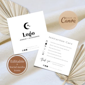 Jewelry Care Card Template| Canva Editable | Thank you card | Minimalist | Jewelry Instructions carecard, 2.5x2.5 thank you card