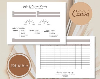 Eyelash Extension Client Record Card: Editable Canva Template (5x7 inches)