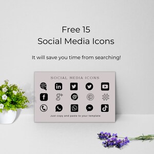May include: A set of 15 black and white social media icons on a light pink background. The icons include Facebook, Twitter, Instagram, Pinterest, YouTube, LinkedIn, TikTok, and more. The text "SOCIAL MEDIA ICONS" is at the top of the image. The text "Just copy and paste to your template" is at the bottom of the image.
