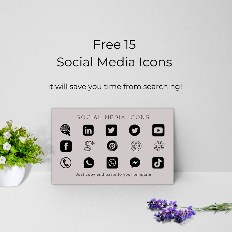 May include: A set of 15 black and white social media icons on a light pink background. The icons include Facebook, Twitter, Instagram, Pinterest, YouTube, LinkedIn, TikTok, and more. The text "SOCIAL MEDIA ICONS" is at the top of the image. The text "Just copy and paste to your template" is at the bottom of the image.