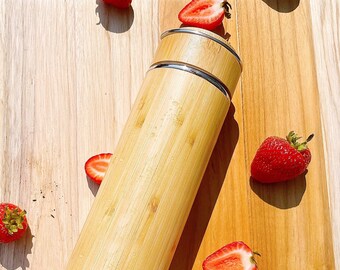 Bamboo Water Bottle with Tea Tumbler Wooden Thermos Bottle for Tea Lovers Anniversary Gift for Couple Thermos Flask Wooden Gift for Dad