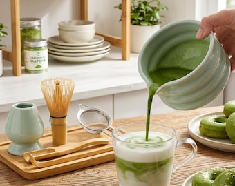 Green UPFLICK Matcha Tool Set of 6 pcs Ceramic Matcha Bowl Set with Bamboo Whisk and Chasen Holder Matcha Lover Gift