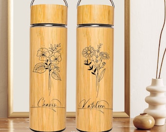 UPFLICK Custom Name Signature Birth Month Flower Bamboo Water Bottle Tea Infuser Tumbler Personalized Engrave Gifts for Women Birthday
