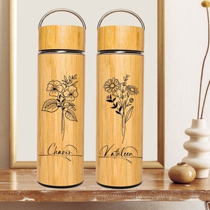 UPFLICK Custom Name Signature Birth Month Flower Bamboo Water Bottle Tea Infuser Tumbler Personalized Engrave Gifts for Women Birthday