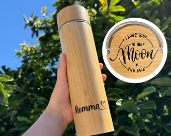 UPFLICK Customize Tumbler Gift for Mom Tea Infuser Grandma Tumbler Christmas Gift for Mama Bamboo Water Bottle 2 positions engraved gift