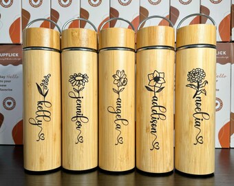 Personalized Wooden Thermos Customized Bamboo Tea Tumbler Birthday Flower Name Engraved Cup Tea Infuser Leak Proof Water Bottle Gift for Her