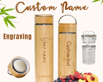 Personalized Bamboo Water Bottle Tea Infuser Wooden Tumbler Custom Name Engraving Sustainable Gift for Women Thermos Tea Lover Gifts