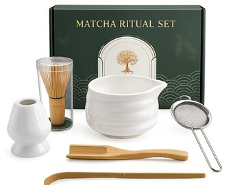 UPFLICK Matcha Tool Set of 6 pcs Ceramic Matcha Bowl Set with Bamboo Whisk and Chasen Holder Matcha Lover Gift