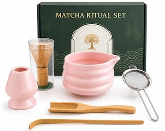 Pink UPFLICK Matcha Tool Set of 6 pcs Ceramic Matcha Bowl Set with Bamboo Whisk  Ceremonial Matcha Teacher Christmas Gift
