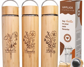 Personalized Thermos Birth Month Flower Tea Tumbler Custom Name Engraving Bamboo Water Bottle 15 & 17 oz Wooden Thermos Flask Customized