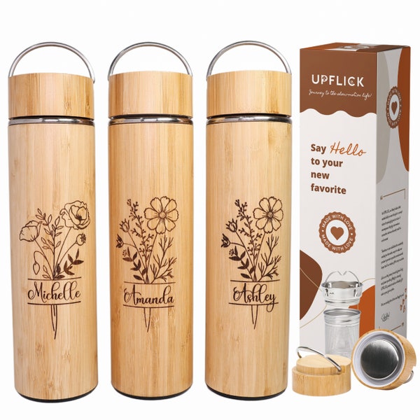 Personalized Thermos Birth Month Flower Tea Tumbler Custom Name Engraving Bamboo Water Bottle 15 & 17 oz Wooden Thermos Flask Customized