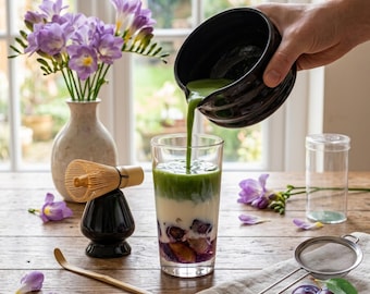 UPFLICK Black Matcha Tool Set of 6 pcs Matcha Bowl, Whisk, Whisk Holder Gift for Matcha Lover Housewarming Gift for Him