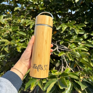 Personalized Bamboo Water Bottle Engraving Gift Custom Name Tea Tumbler Gift for Her Birthday Gifts Anniversary Your Text Wooden Thermos